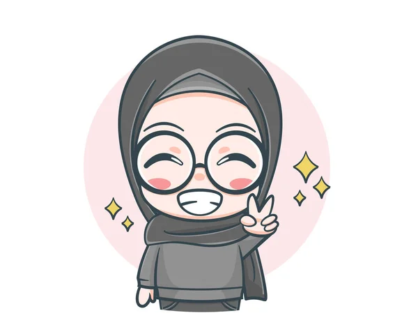 Χαριτωμένο Κορίτσι Μουσουλμάνος Φορώντας Πουλόβερ Πινακίδα Ειρήνης Εικονογράφηση Κινουμένων Σχεδίων — Διανυσματικό Αρχείο