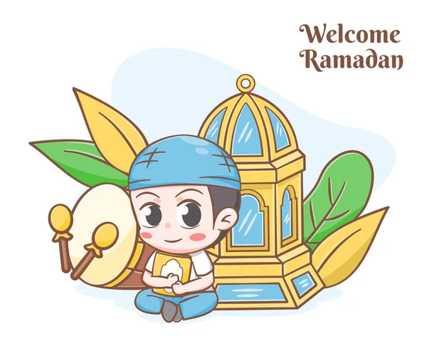 Ramadan Greeting Card Cute Boy Cartoon Illustration — Stock Vector