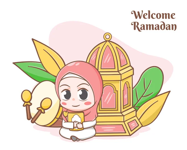 Ramadan Greeting Card Cute Girl Cartoon Illustration — Stock Vector