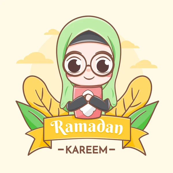Carte Voeux Ramadan Kareem Avec Illustration Dessin Animé Fille Mignonne — Image vectorielle