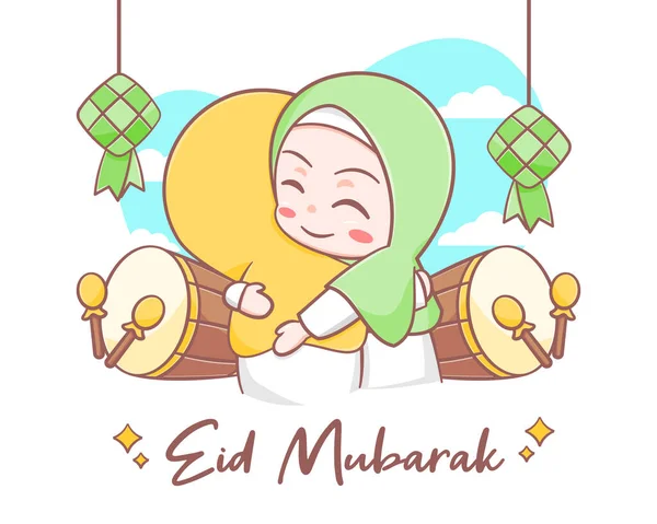 带有可爱的穆斯林女孩卡通画的开斋节贺卡 — 图库矢量图片