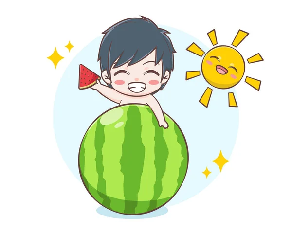 Netter Junge Auf Einer Großen Wassermelone Sommer Cartoon Illustration — Stockvektor