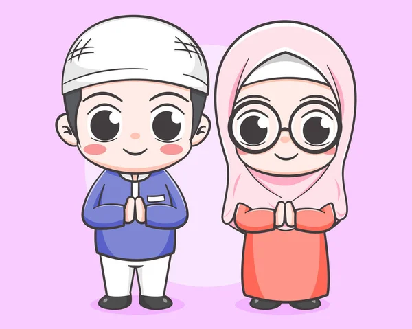 Schattig Paar Van Moslim Cartoon Karakter — Stockvector