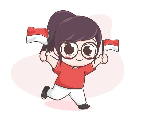Bağımsızlık Gününde Endonezya Bayrağını Tutan Tatlı Kız — Stok Vektör