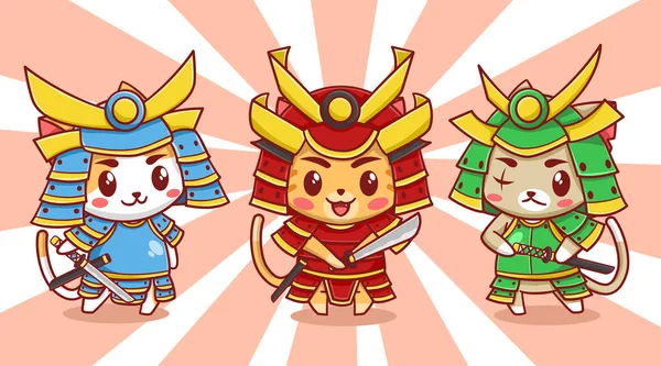 Gatos Bonitos Samurai Trio Desenho Animado Ilustração —  Vetores de Stock