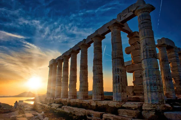 Pôr Sol Temple Poseidon Sounion Greece Perto Atenas Exemplo Arquitetura — Fotografia de Stock