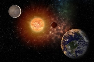 Güneşin etrafındaki gezegenler Güneş Sistemi 'nin renkli yıldızlı evreninde NASA tarafından desteklenen bu görüntünün elementleri. .