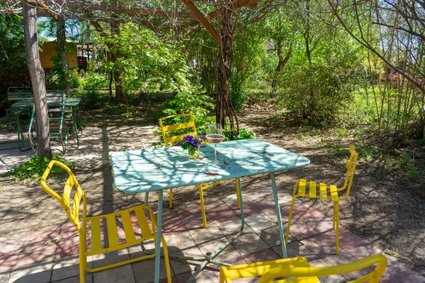 Vintage Mesa Livre Jardim Com Copo Vinho Flores — Fotografia de Stock