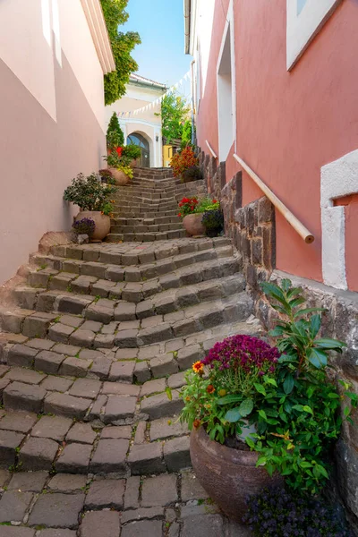 Hermoso Paisaje Urbano Colorido Szentendre Con Macetas Otoño Una Escalera —  Fotos de Stock
