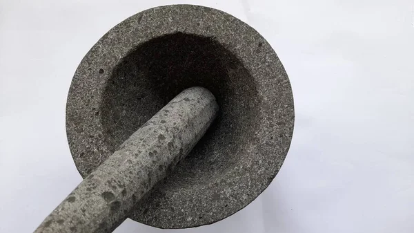 Cobek Terbuat Dari Batu Tampilan Atas Pada Latar Belakang Putih — Stok Foto
