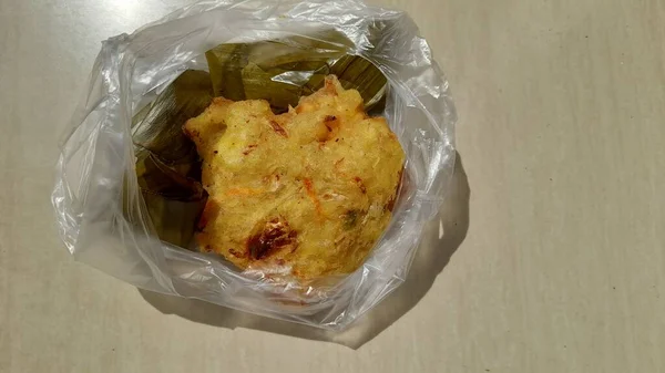 Fried Bakwan Food Rice Cake Wrapped Banana Leaf Glued Plastic — Stock Photo, Image