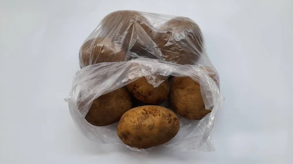 Brun Potatis Solanum Tuberosum Sett Ovanifrån Vit Bakgrund Ekologisk Mat — Stockfoto
