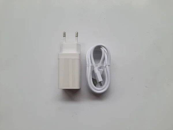 Cellphone Charger Cable Mica Plastic Top View White Background Technology — Stockfoto