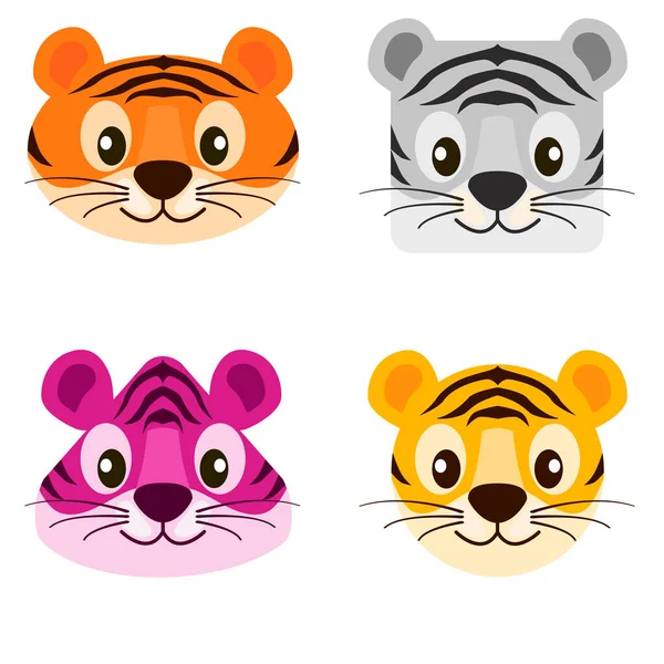 Wajah penuh warna kartun harimau lucu dalam bentuk yang berbeda. - Stok Vektor
