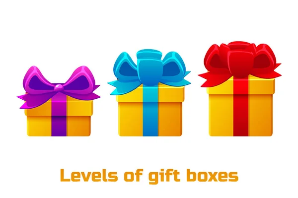 Tres niveles de tamaños de cajas de regalo con arcos para el diseño gráfico. — Archivo Imágenes Vectoriales