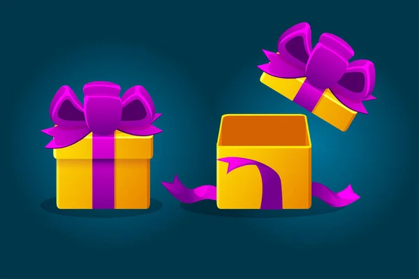 Gift boxes open and closed with purple bow for games. — Stock Vector