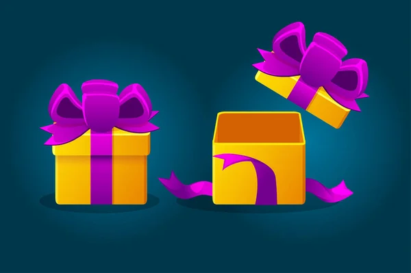 Cajas de regalo abiertas y cerradas con lazo púrpura para juegos. — Vector de stock