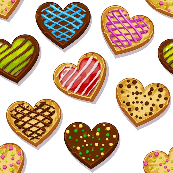 Modèle sans couture biscuits doux forme de coeur avec glaçure. — Image vectorielle