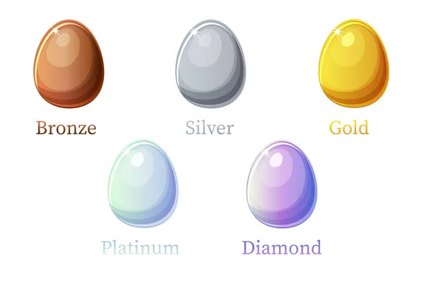 Game rank eieren, verschillende metalen en diamanten voor grafisch ontwerp. — Stockvector