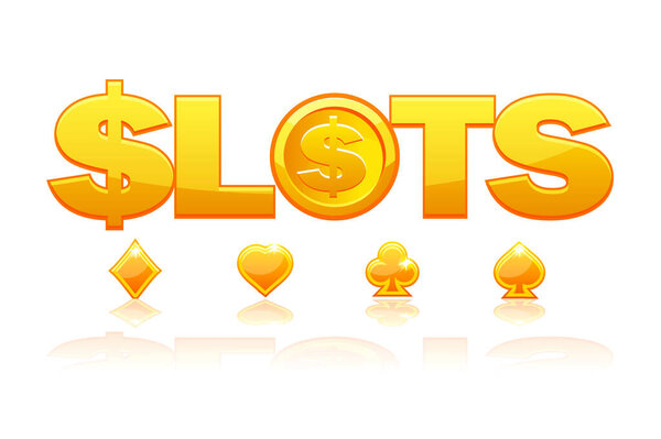 Gold logo slot with card suits for casino games.