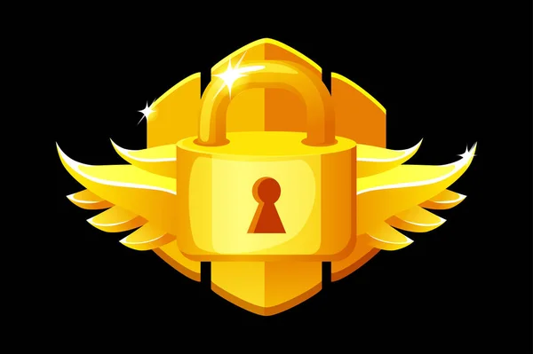 Icono del juego insignia de bloqueo cerrado dorado con alas. — Vector de stock