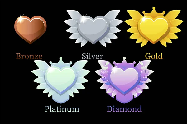 ゲームのための金 プラチナ ダイヤモンドの心 ベクトルイラストセット受賞者のための異なるロマンチックな愛の改善賞 — ストックベクタ