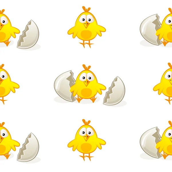 Pollos sin costura patrón de huevos sobre fondo blanco. — Vector de stock