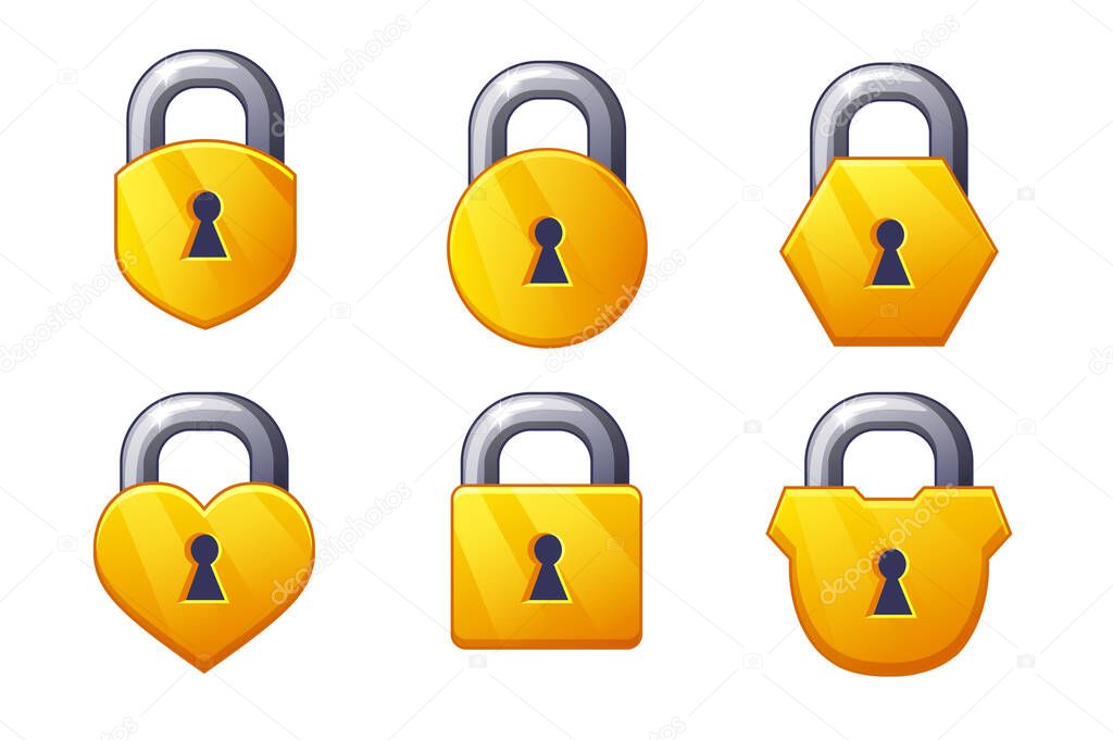 Game icon golden metal closed lock shapes square round and hearts.