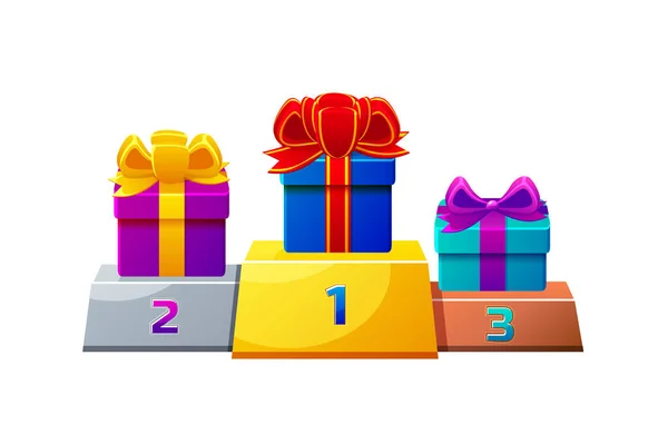 三层礼品盒 底座上有弓形图案 矢量插图集孤立的从大到小的奖品箱 — 图库矢量图片