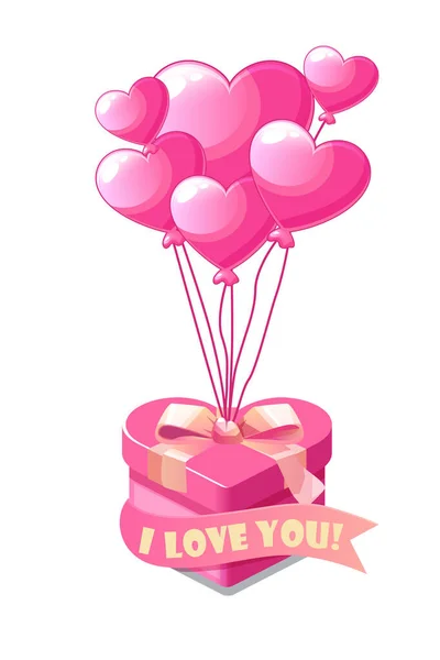 Bunch ροζ μπαλόνια σε σχήμα καρδιάς με κουτί δώρου για την Ημέρα του Αγίου Βαλεντίνου. — Διανυσματικό Αρχείο