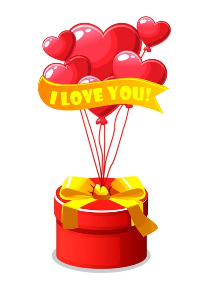 Bunch piros szív alakú lufik ajándékdobozzal Valentin-napra. — Stock Vector
