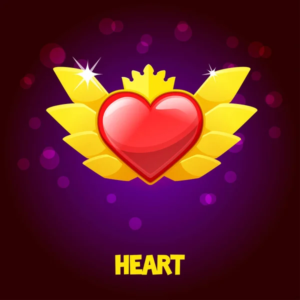Icon golden heart with wings and crown for the game. — Stock Vector