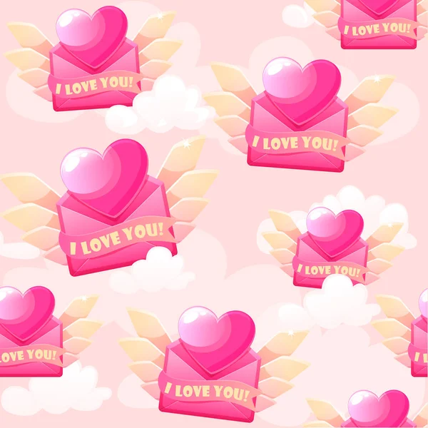 Naadloos patroon Valentijnsdag enveloppe brief icoon met hart. — Stockvector