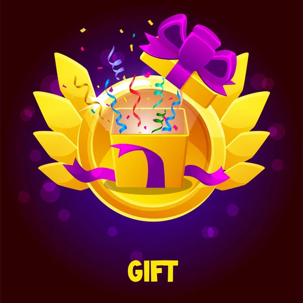 Coffret cadeau dessin animé avec confettis aux ailes dorées pour le jeu. — Image vectorielle