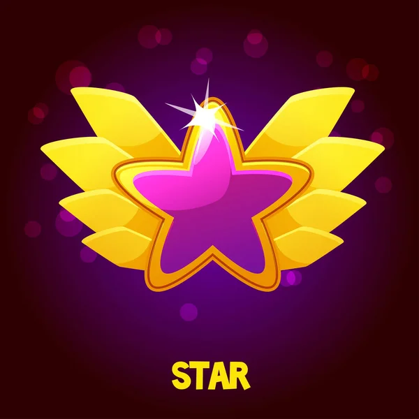 Estrela roxa dos desenhos animados com asas douradas para o jogo. — Vetor de Stock