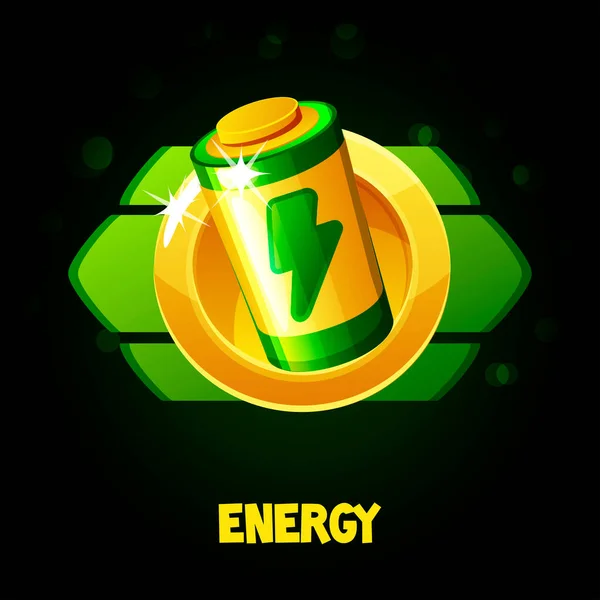 Cartoon golden energy battery in a frame for the game. — Stock Vector