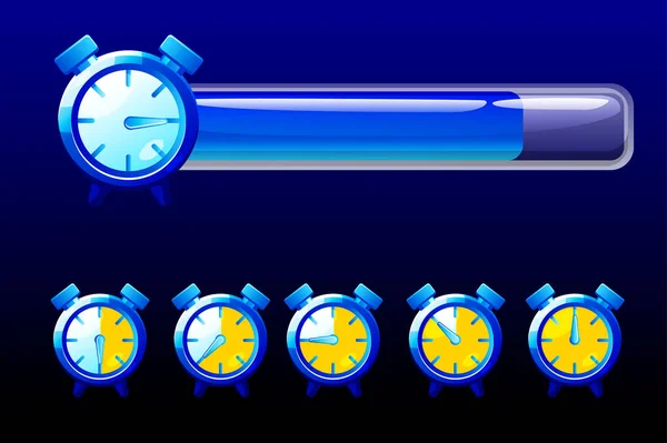 Time line bar, blue clock icons for game. — Stock Vector