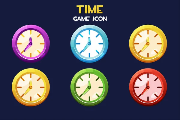 Veelkleurige ronde klok, spel tijd pictogrammen voor het ontwerp. — Stockvector