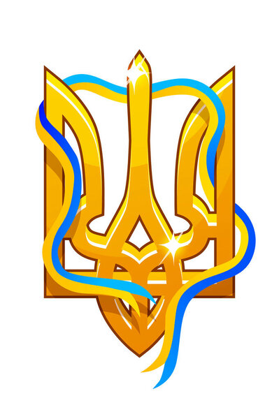 Golden Ukraine trident with ribbon of the flag Ukraine. Creative decorative design of trident