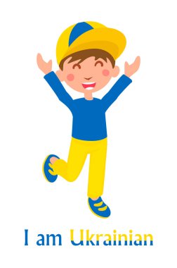 Ukrayna bayrağı renginde Ukraynalı bir çocuk. İzole vektör düz karakter. Ukrayna 'nın bağımsızlık sembolü konseptine destek