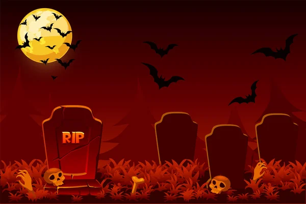 Night Halloween Background Scary Cemetery Skull Game Vector Illustration Festive — Stockvector