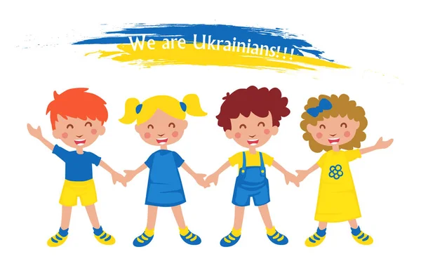 Ukrainian Girls Boys Colors Flag Ukraine Children Characters Holding Hands — Stock Vector