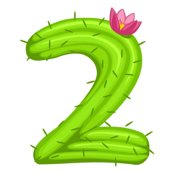 Cartoon Cactus Number Flower Font Kids Numbers Green Figure Two — Stok Vektör