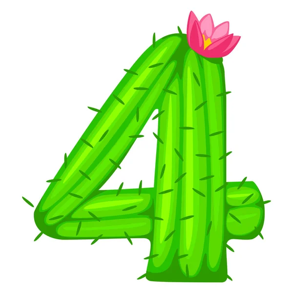 Cartoon Cactus Number Flower Font Kids Numbers Green Figure Four — ストックベクタ