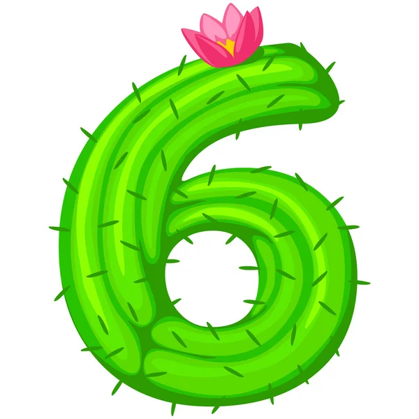 Cartoon Cactus Number Flower Font Kids Numbers Green Figure Six — 스톡 벡터