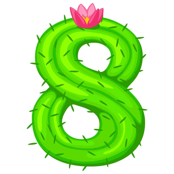 Cactus Dibujos Animados Número Ocho Con Números Fuente Flores Para — Vector de stock