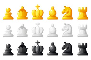 Set of chess figures for chess strategy board game. VectorBlack, white and gold set chess figures