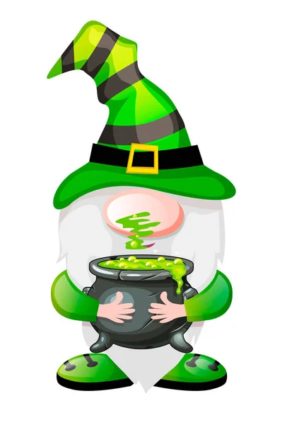 Cartoon Green Gnome Magic Potion Halloween Day Vector Illustration Postcard — ストックベクタ