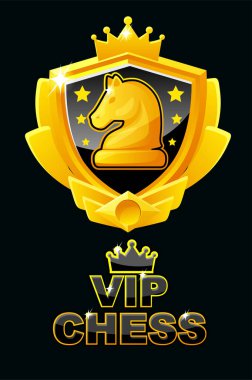 VIP Satranç Logosu ve satranç oyunu ikonu. Şovalye figürlü altın shild..