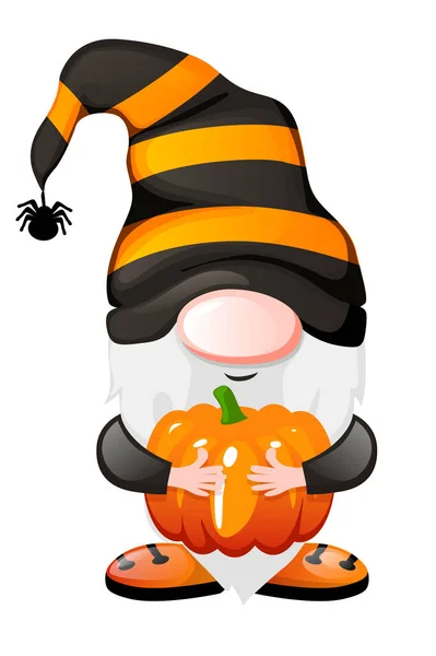 Gnome Orange Pumpkin Halloween Day Vector Illustration Postcard Banner Festive — Stockvector